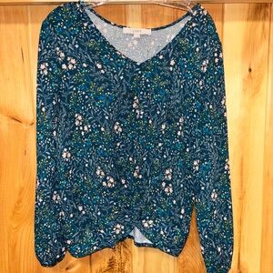 Loft Spring top floral v-neck long sleeve blouse knotted detail women’s small